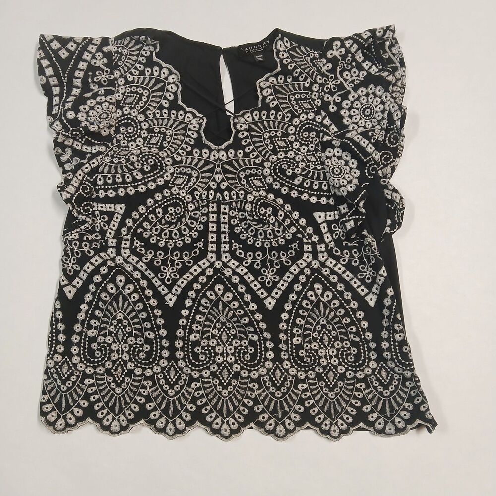 Laundry by Shelli Segal Black/White Flutter Sleeve Eyelet Embroidered Top SP